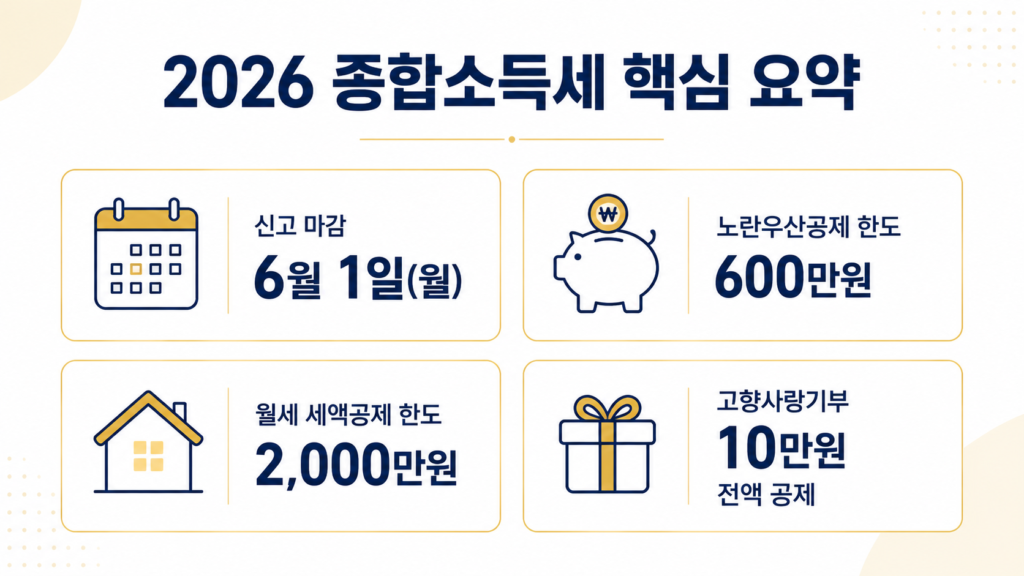 2026 종합소득세 핵심 요약 - 신고 마감 6월 1일, 노란우산공제 600만원, 월세 세액공제 2000만원, 고향사랑기부 10만원 전액 공제