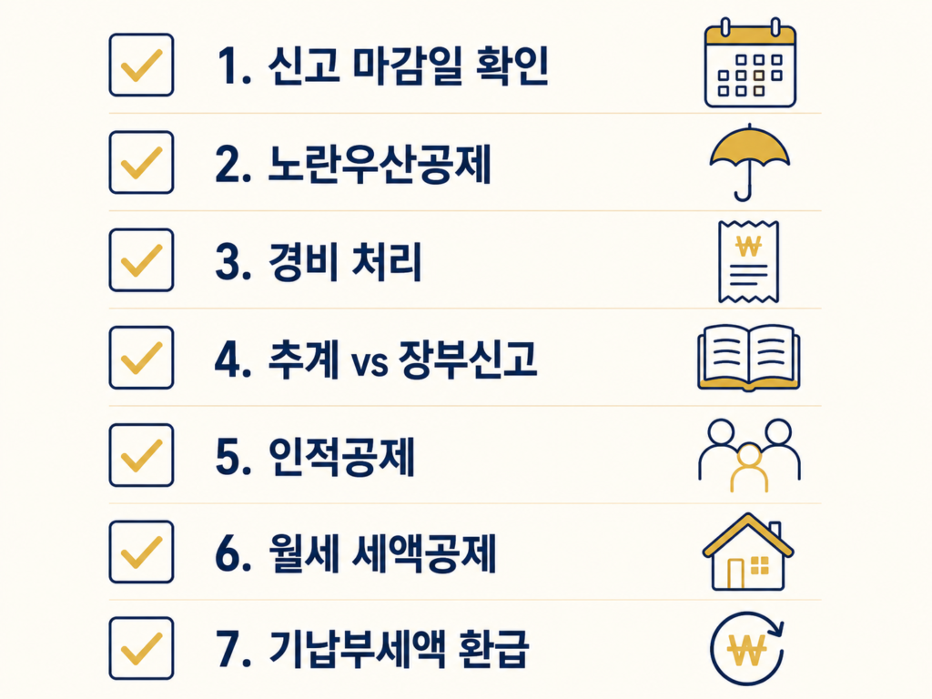 종합소득세 마감 직전 절세 체크리스트 7가지 항목 - 신고 마감일, 노란우산공제, 경비 처리, 신고 유형 선택, 인적공제, 월세 세액공제, 기납부세액 환급