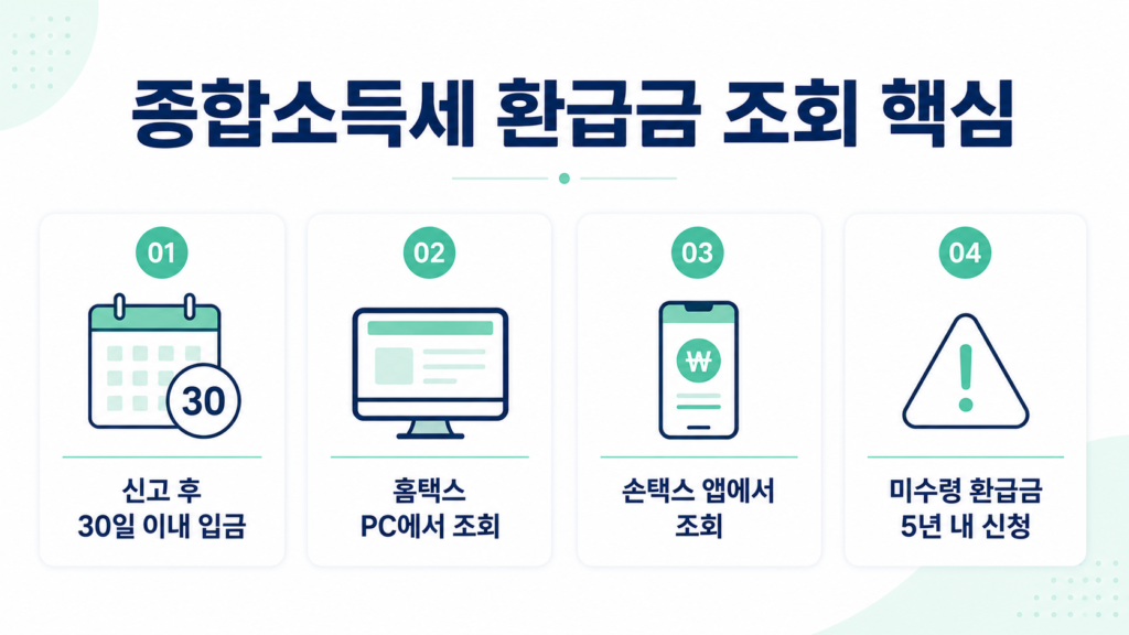 2026 종합소득세 환급금 조회 핵심 요약 - 신고 후 30일 이내 입금, 홈택스·손택스·정부24 조회 가능, 미수령 환급금 5년 내 신청