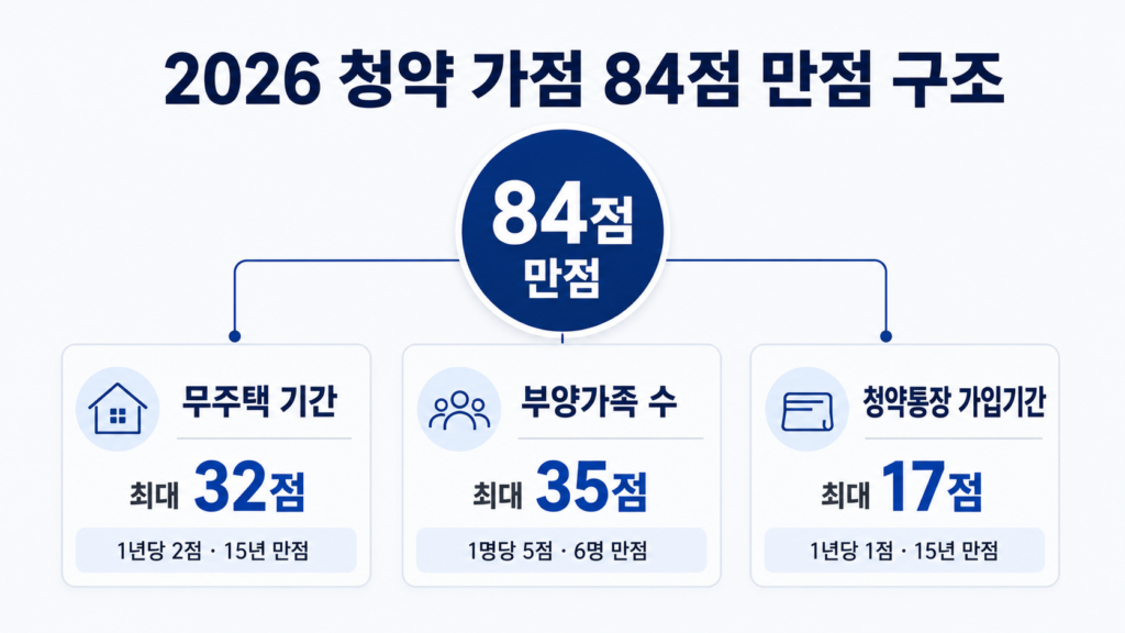 2026 청약 가점 84점 만점 구조 - 무주택 기간 32점, 부양가족 35점, 청약통장 17점 항목별 배점