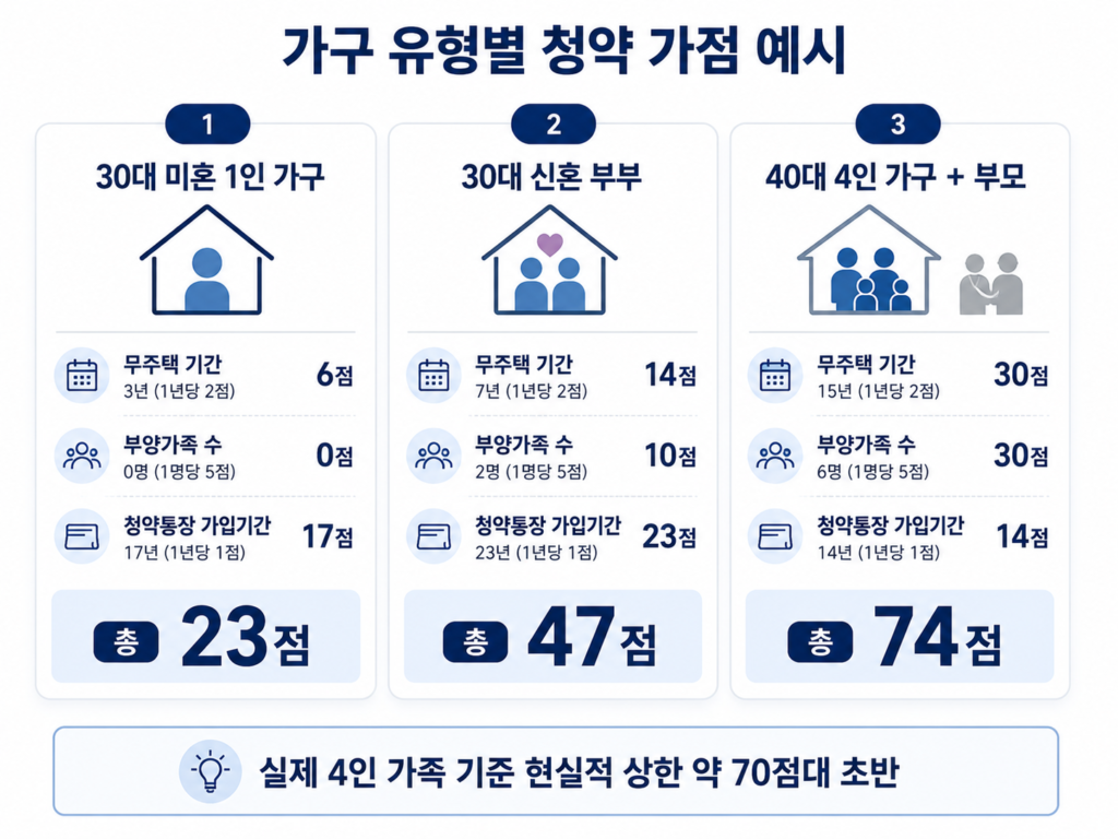 청약 가점 계산 예시 3가지 - 30대 미혼 23점, 신혼부부 47점, 40대 4인 가구 74점 비교