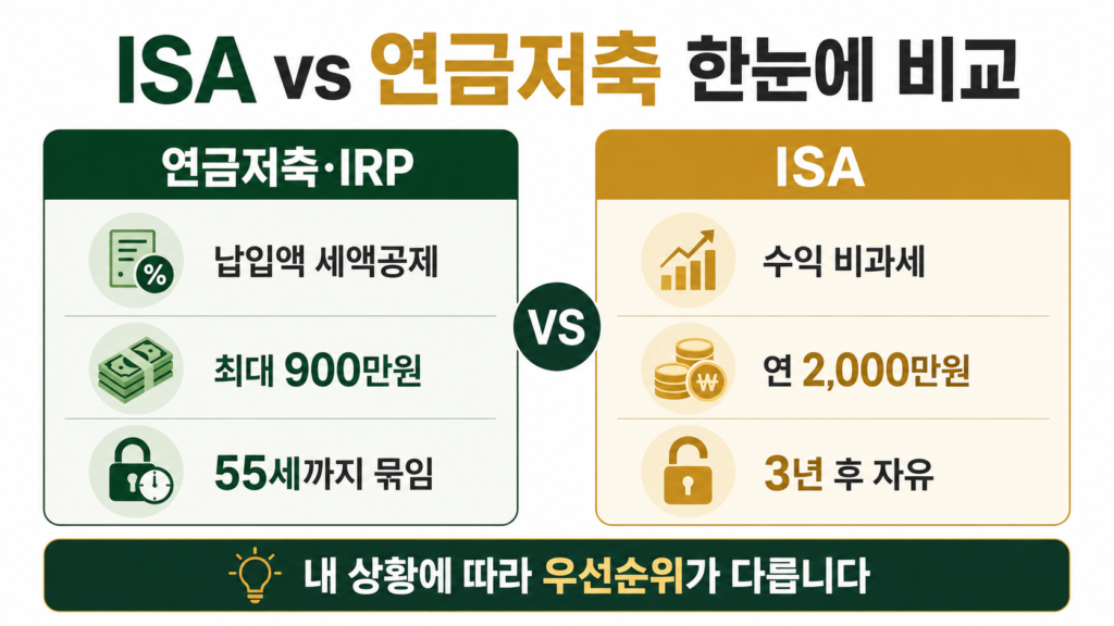 ISA 연금저축 비교 핵심 요약 - 세액공제와 비과세 차이, 상황별 우선순위