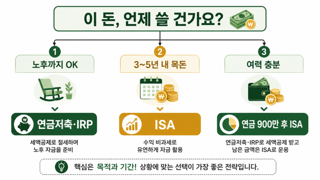 자금 사용 시점에 따른 ISA 연금저축 우선순위 결정 흐름도