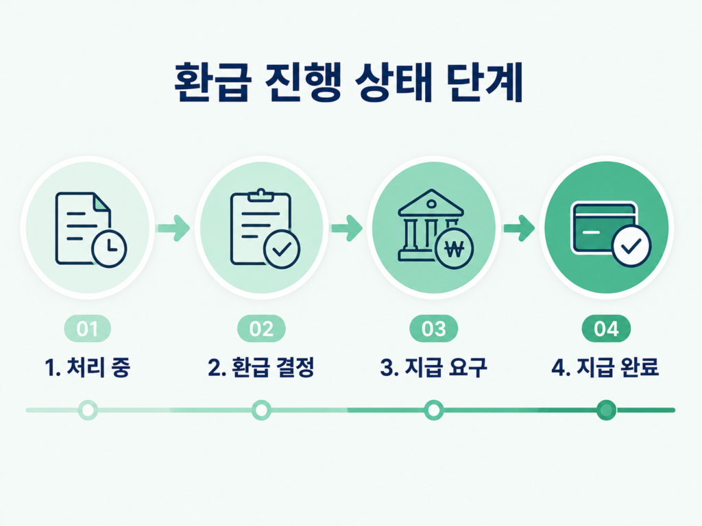 종합소득세 환급 진행 단계 - 처리 중, 환급 결정, 지급 요구, 지급 완료 4단계 흐름