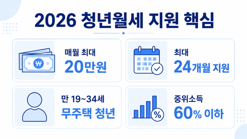 2026 청년월세 지원 핵심 요약 - 매월 최대 20만원, 24개월 지원, 만 19~34세, 중위소득 60% 이하