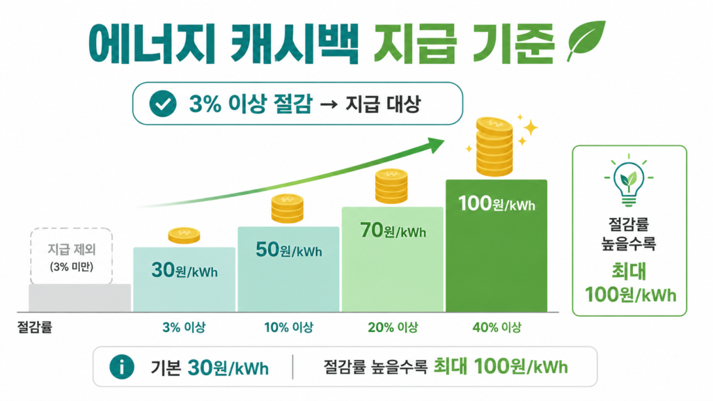 에너지 캐시백 절감률별 지급 단가 - 기본 30원부터 최대 100원