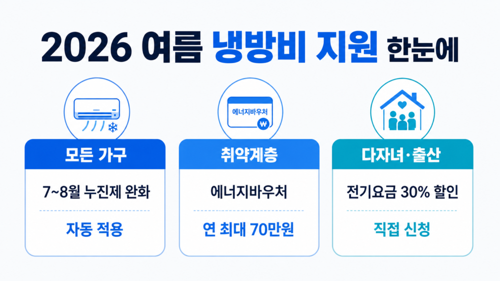 2026 여름 냉방비 지원 세 가지 제도 비교 - 누진제 완화, 에너지바우처, 전기요금 복지할인