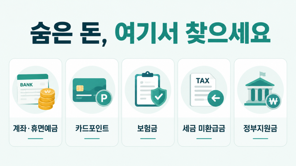 숨은 돈 찾기 5종 계좌·카드포인트·보험금·세금·지원금 조회처