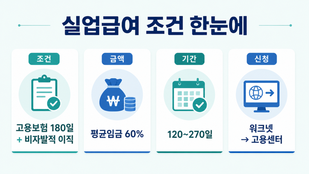 실업급여 조건 금액 기간 신청 요약 인포그래픽
